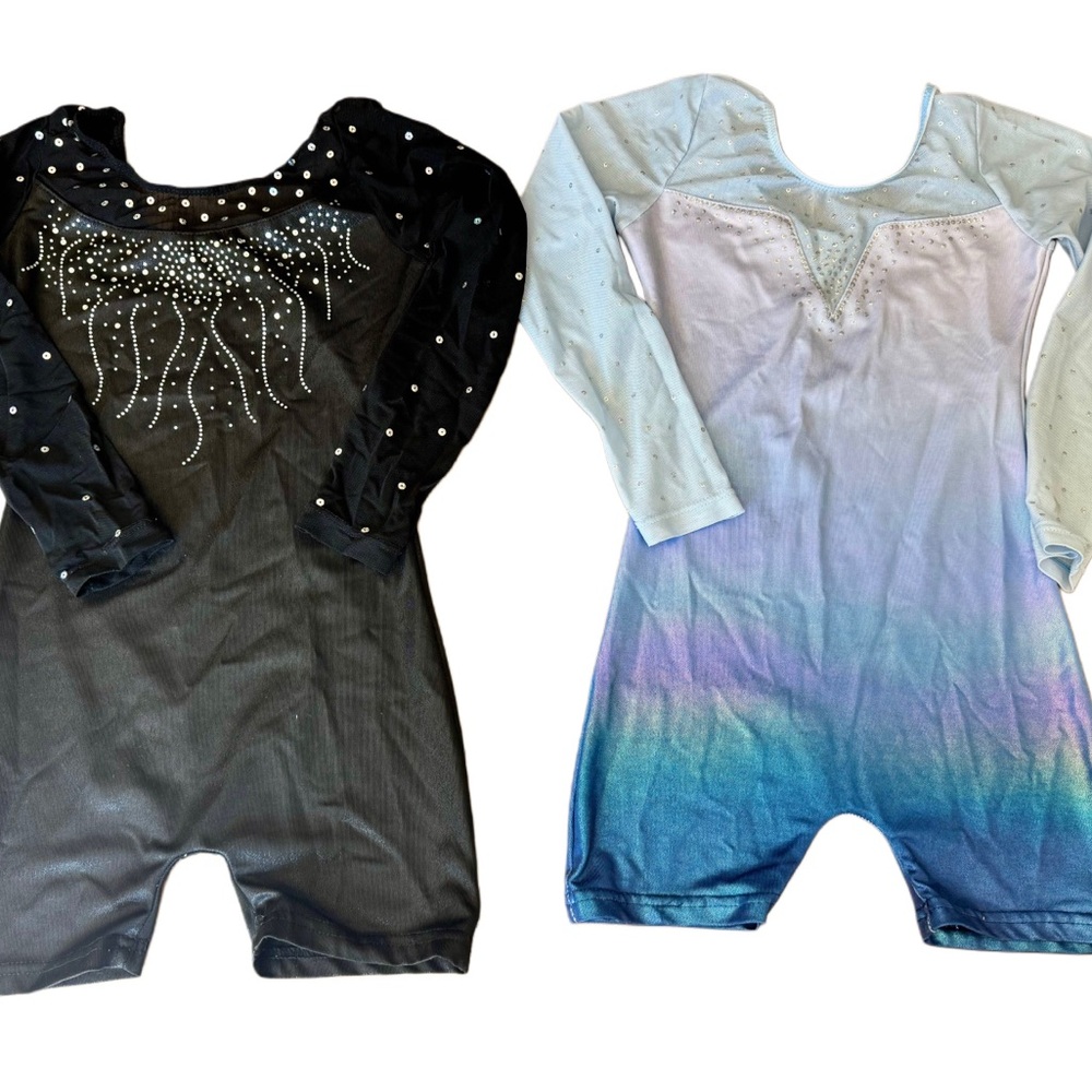 Bundle of 2 Sparkly Long Sleeve Gymnastics/Dance Leotards – Black & Ombre Blue